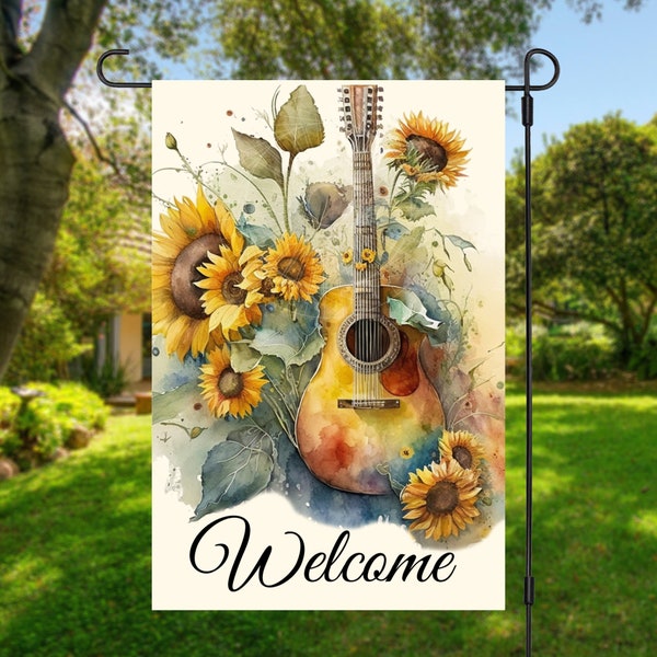 12x18 Garden Flag Sublimation Design, Guitar and Sunflowers, Welcome , Digital Design, PNG