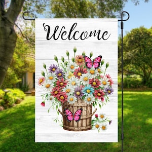 12 x 18 tuinvlag sublimatieontwerp, welkom, bloemenmand en vlinders, digitaal ontwerp, png