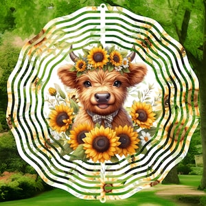 Sublimation Wind Spinner PNG, Wind Spinner Design, Highland Cow and Sunflowers, Digital Download
