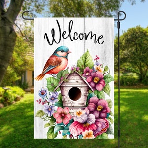 12x18 Garden Flag Sublimation Design, Welcome, Bird House, Bird and Flowers, , Digital Design, PNG