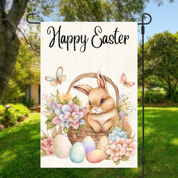 12x18 Garden Flag Sublimation Design, Happy Easter, Easter Bunny and Flowers, , Digital Design, PNG