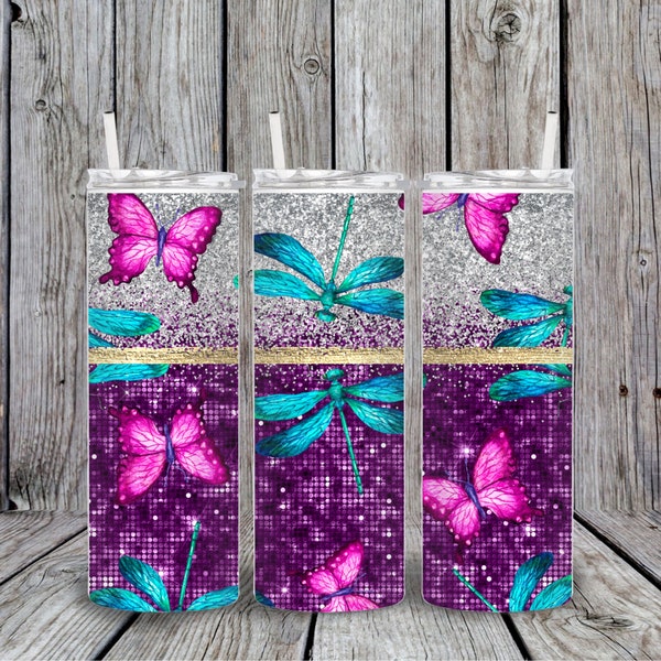 20 oz. Skinny Tumbler, Sublimation Design Template, Straight Wrapped Design, Digital Download, Dragonflies and Butterflies Glitter