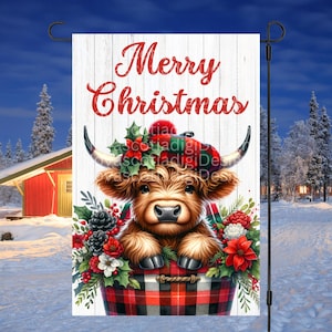 12x18 Garden Flag Sublimation Design, Christmas Highland Cow, Merry Christmas Flag PNG, Christmas Garden Flag, Digital Design, PNG