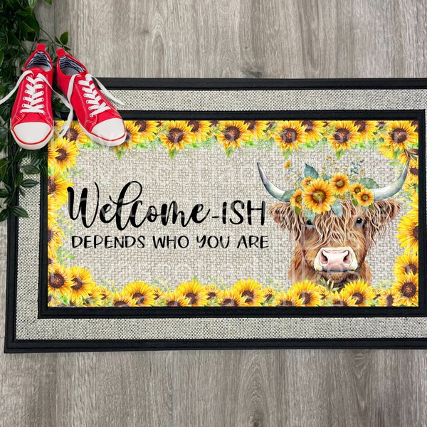 Welcome-ISH, Highland Cow and Sunflowers, Door Mat Design,  Farmhouse Design, Sublimation Door Mat Design, PNG