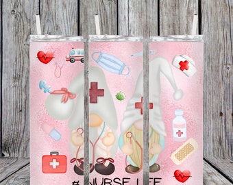 20 oz. Skinny Tumbler, Sublimation Design Template, Straight Wrapped Design, Digital Download, PNG, Nurse Life Gnomes