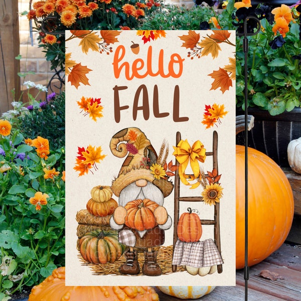 12x18 Garden Flag Sublimation Design, Fall Flag, Hello Fall Flag, Fall Gnome Garden Flag, Digital Design, PNG