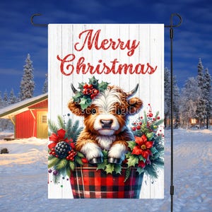 12x18 Garden Flag Sublimation Design, Christmas Highland Cow, Merry Christmas Flag PNG, Christmas Garden Flag, Digital Design, PNG