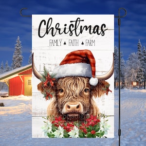 12x18 Garden Flag Sublimation Design, Christmas Garden Flag, Family Faith Farm, Christmas Highland Cow Digital Design, PNG