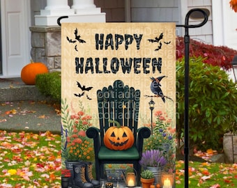 May include: A Halloween garden flag with a festive design. The flag features a black chair with a carved pumpkin, bats, and the words "HAPPY HALLOWEEN." The background includes flowers, boots, and a crow on a lamppost.