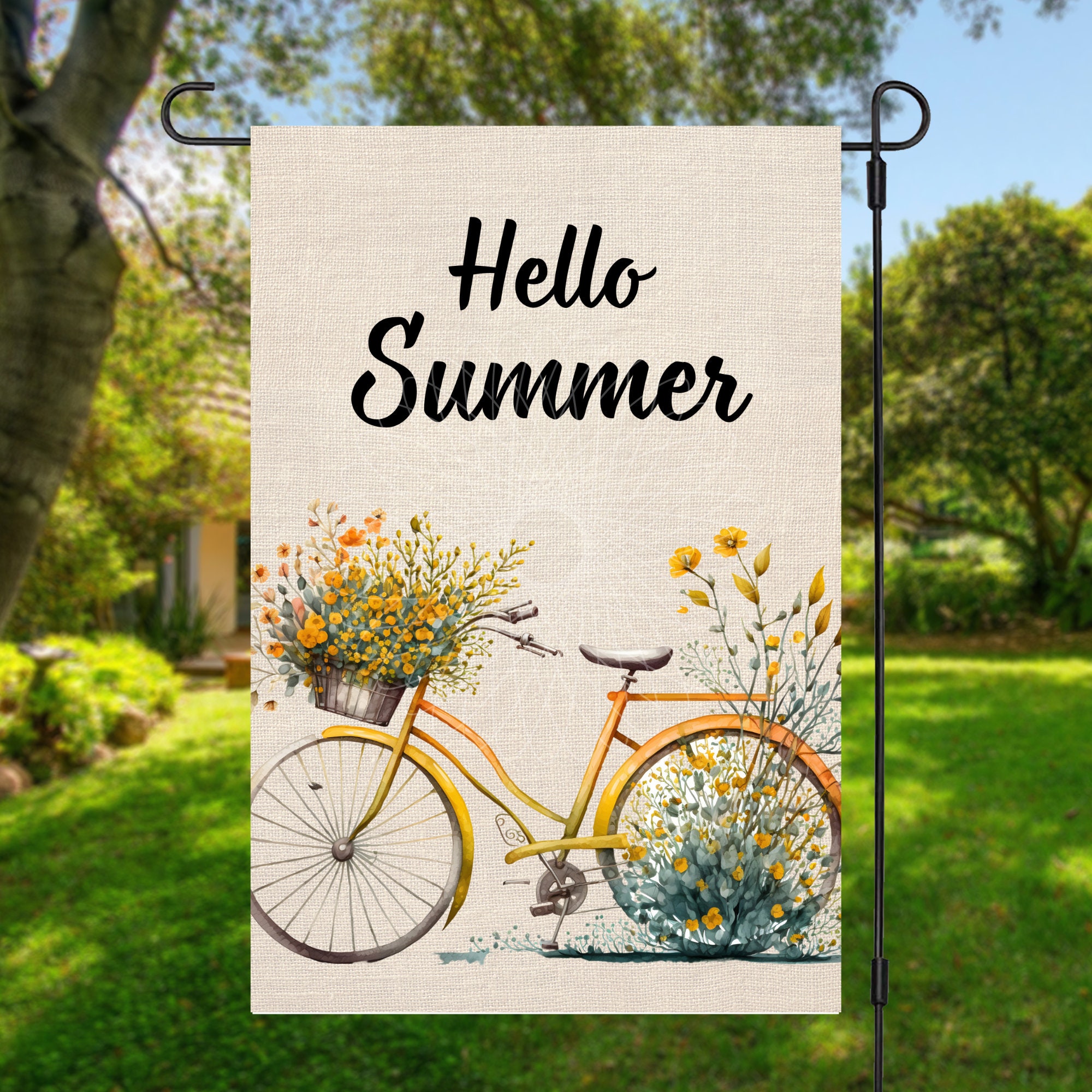 Garden Flag Sublimation Design, Hello Summer, Floral Bicycle