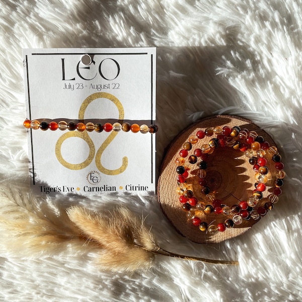 Leo Zodiac Bracelet Astrology Crystal Beaded Bracelet Gemstone Beads July Birthday August Gemstone Stretchy Tiger's Eye Carnelian Citrine