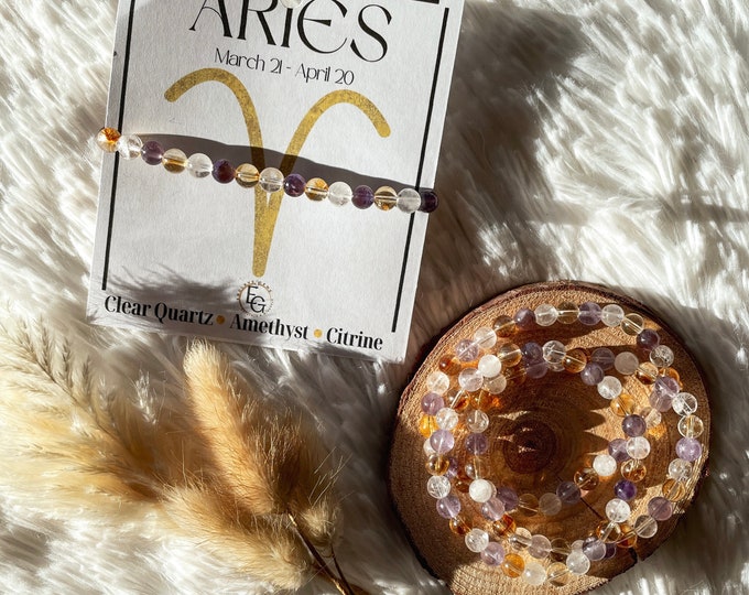Aries Zodiac Bracelet Astrology Crystal Beaded Bracelet Gemstone Beads March Birthday April Gemstone Stretchy Clear Quartz Amethyst Citrine