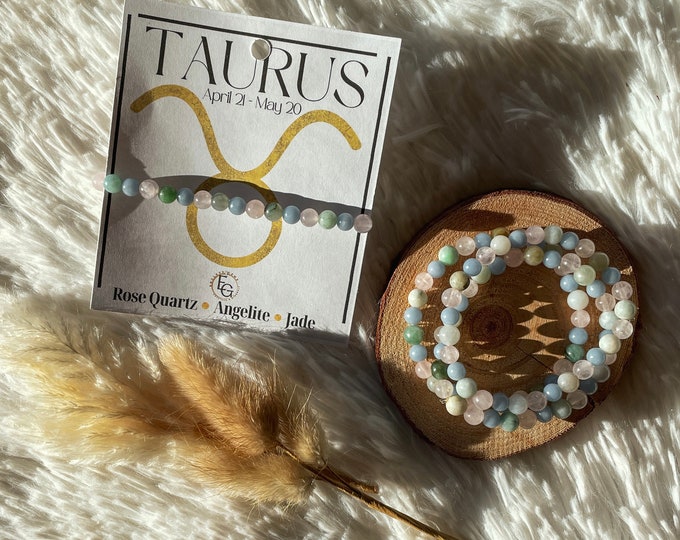Taurus Zodiac Bracelet Astrology Crystal Beaded Bracelet Gemstone Beads April Birthday May Gemstone Stretchy Rose Quartz Angelite Jade