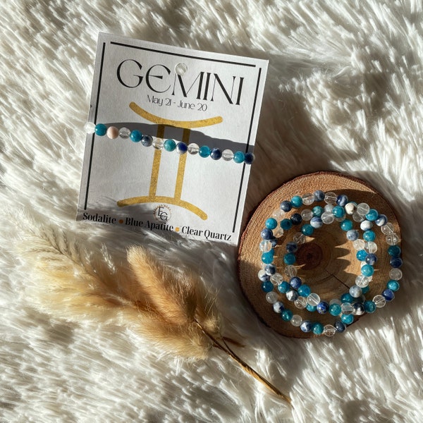 Gemini Zodiac Bracelet Astrology Crystal Beaded Bracelet Gemstone Beads May Birthday June Gemstone Stretchy Clear Quartz Apatite Sodalite