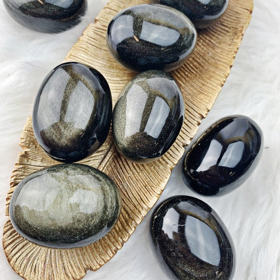 Gold Sheen Obsidian Palm Stone Black Crystal Gold Sheen Palm Stone