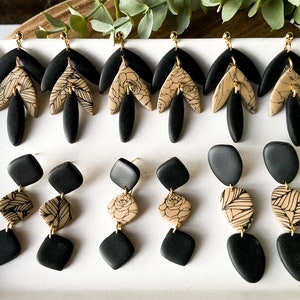 Black and Tan Dangle Clay Earrings, Polymer Clay Earrings, Statement Earrings, Handmade Earrings, Lightweight Earrings,