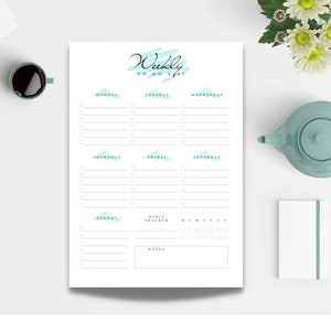 May include: A printable weekly to-do list planner with a light blue and white color scheme. The planner includes sections for each day of the week, a habit tracker, and a notes section.