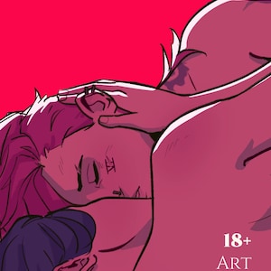 Puede incluir: Ilustración de dos figuras en un abrazo cercano, renderizada en tonos de rosa y púrpura sobre un fondo rojo. La imagen incluye el texto "+CAITVI+" y "18+ ART COLLECTION" con el nombre del artista, "CATSKULLERY."