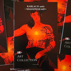 May include: An art collection cover with a character illustration in orange and black tones. The text reads "KARLACH AND + SHADOWHEART+" and "18+ ART COLLECTION". The artist's name, CATSKULLERY, is also visible on the cover.