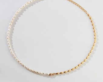 Half pearl half chain necklace/ Pearl chocker/ Gold chocker necklace for women/Seed pearl necklace/ 18k gold plated vermeil
