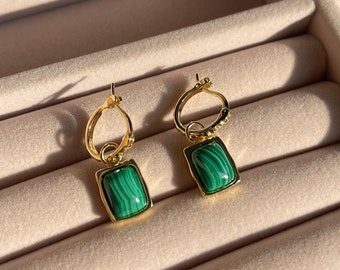 Malachite Dangle Earrings: 18k Gold Plated Sterling Silver