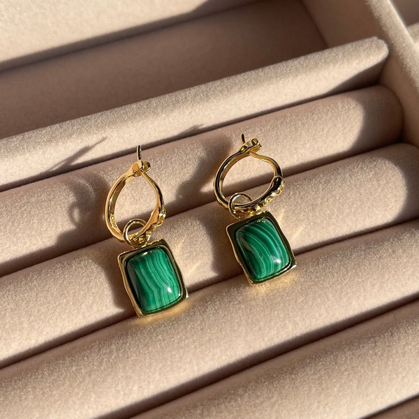 Green Malachite dangle earring/ Sterling Silver earring/ 18k gold plated earring/ Gemstone earring/ Green stone earring/ Drop earring