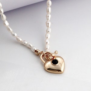 S925 Heart Pendant Pearl Necklace Toggle Clasp Closure Necklace Black Agate Pendant Retro Gold Heart Pendant 15&quot; L