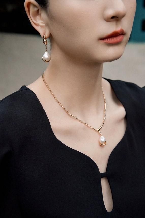 パールネックレス/スターリングシルバーネックレス/18Kゴールドメッキ 