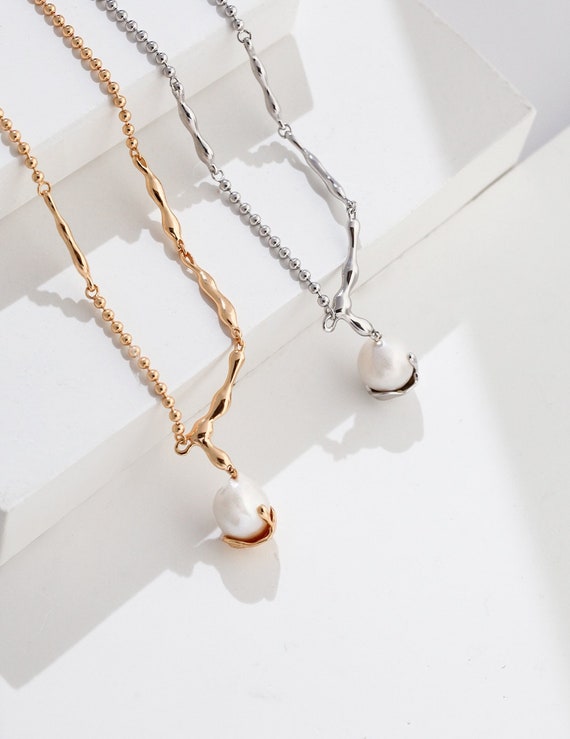 パールネックレス/スターリングシルバーネックレス/18Kゴールドメッキ 