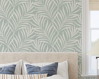 Tropical Botanical Wallpaper - Peel and Stick, Prepasted, Nonpasted Traditional - Beach House Palm Leaf Frond - Powder Room, Bathroom Wall