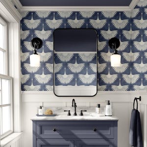Crane Bird Wallpaper – Mediterranean Blue & White Art Deco – Peel and Stick Bathroom Wallpaper – Modern Coastal Mid Century Navy Powder Room