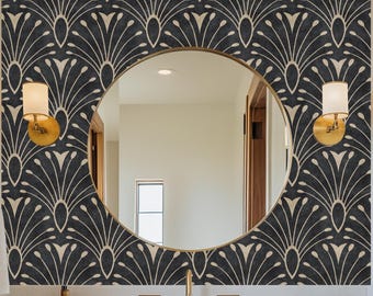 Art Deco Wallpaper | Black Removable Peel and Stick Wallpaper | Dark Moody 1920s Glam Mid Century Modern Bathroom Bedroom Accent Wall Mural