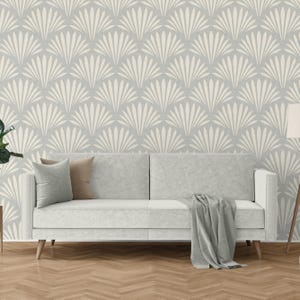 coastal shell neutral gray wallpaper in removable peel and stick, prepasted or traditional nonpasted for boho beach house decor.