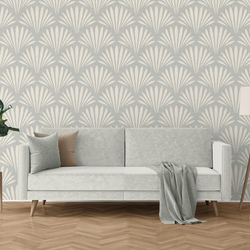 coastal shell neutral gray wallpaper in removable peel and stick, prepasted or traditional nonpasted for boho beach house decor.