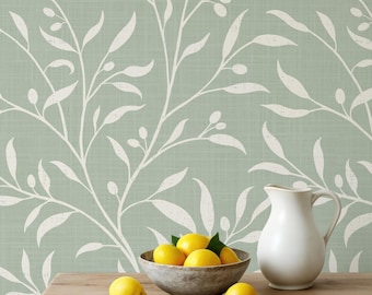 French Country Wallpaper Removable Peel and Stick - Olive Tree Leaf & Branches Sage Green Botanical - Bedroom, Powder Room, Boho Nursery