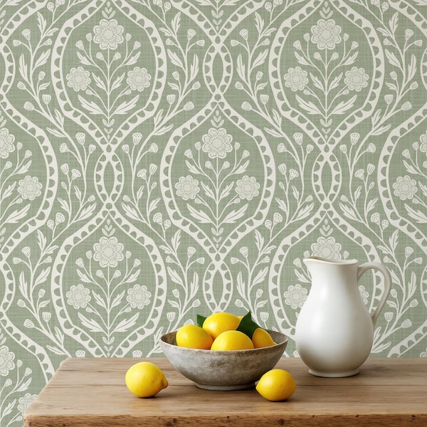 Wallpaper Sage Green - French Country Bathroom - Removable Peel and Stick - Floral Victorian, Renter Friendly, Gender Neutral Nursery Room