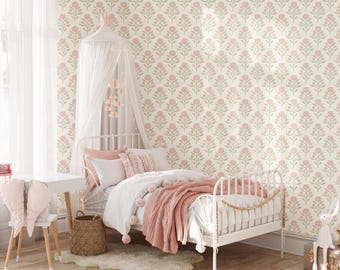 Wallpaper Pink - French Country Removable Peel and Stick Cute Vintage Floral, Renter Friendly, Baby Girl Nursery, Kids Bedroom, Powder Room
