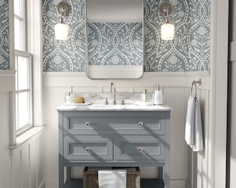 French Country Wallpaper Removable Peel and Stick, Prepasted, Nonpasted - Blue and White Vintage Floral Wildflower Damask - Powder Room