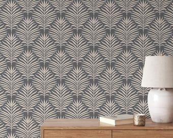 Boho Tropical Peel and Stick Wallpaper - Neutral Black Dark Moody Botanical Palm Leaf - Modern Coastal Minimalist Renter Friendly Removable