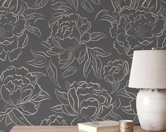 Dark Moody Floral Botanical Wallpaper - Peony Rose Peel and Stick, Pre-Pasted, Traditional Non-Pasted