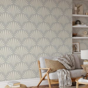 coastal shell neutral gray wallpaper in removable peel and stick, prepasted or traditional nonpasted for boho beach house decor.