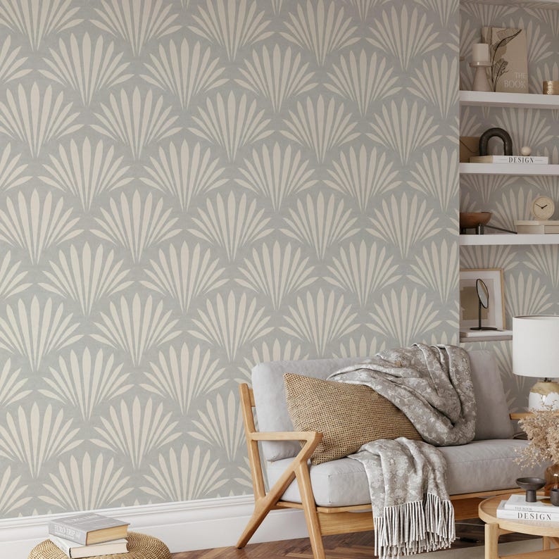 coastal shell neutral gray wallpaper in removable peel and stick, prepasted or traditional nonpasted for boho beach house decor.
