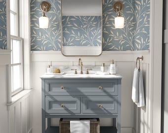 Blue French Country Wallpaper Removable Peel and Stick or Pre-pasted - Botanical Olive Leaves for Powder Room, Nursery, Bedroom Wall