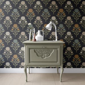 Heritage Revival Dark Floral Gothic Black Wallpaper shown in prepasted or peel and stick removable, diy, renter friendly for powder room, bathroom, entryway, hallway, office, or dramatic statement wall.