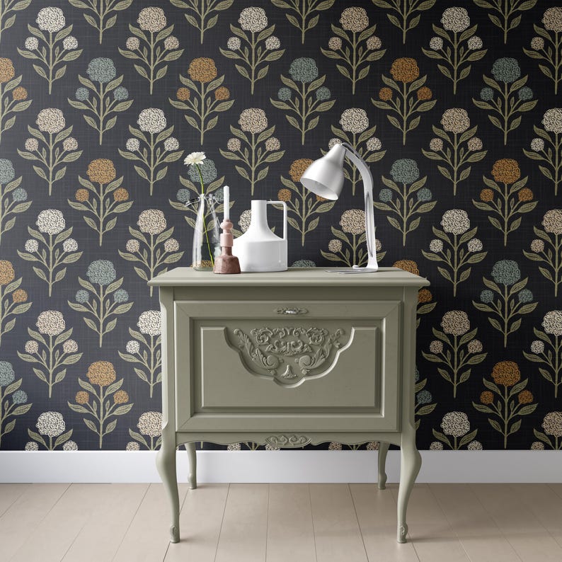 Heritage Revival Dark Floral Gothic Black Wallpaper shown in prepasted or peel and stick removable, diy, renter friendly for powder room, bathroom, entryway, hallway, office, or dramatic statement wall.