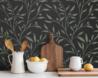 Dark Moody Botanical Olive Tree Peel and Stick Wallpaper - Removable Peel and Stick, Pre-Pasted, Traditional Nonpasted