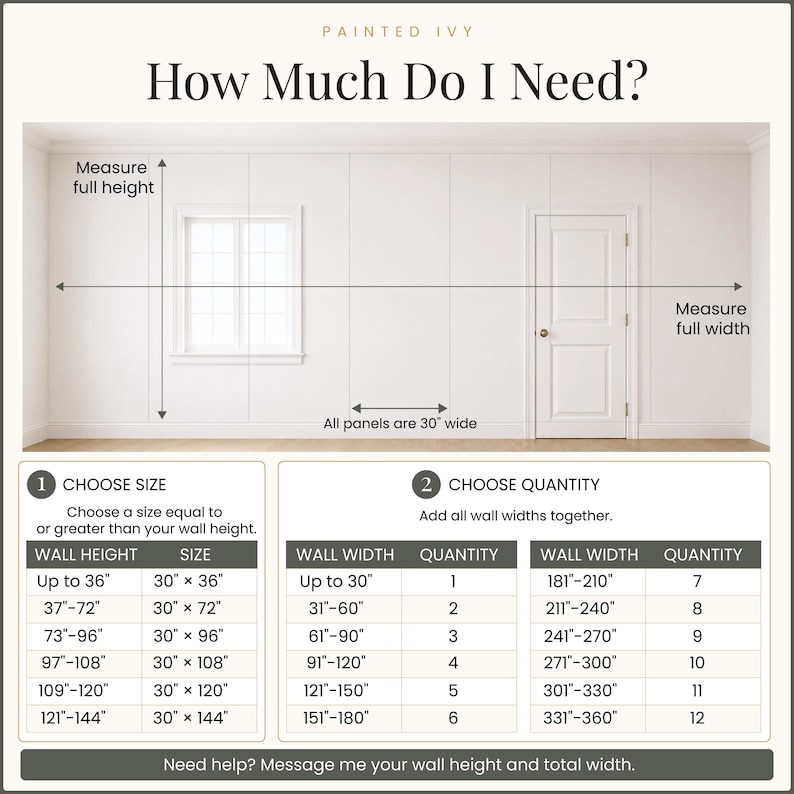 May include: An instructional graphic titled Painted Ivy How Much Do I Need? featuring a diagram of a wall with a window and door, showing measurement arrows for height and width. It includes tables for choosing panel size and quantity in inches.