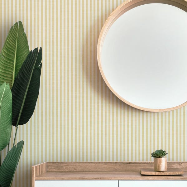 Wallpaper Peel and Stick Removable – Yellow and White Vertical Stripe French Country Cottage Charm – Gender Neutral Nursery, Kitchen, Dining