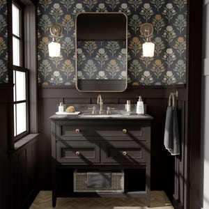 Heritage Revival Dark Floral Gothic Black Wallpaper shown in prepasted or peel and stick removable, diy, renter friendly for powder room, bathroom, entryway, hallway, office, or dramatic statement wall.