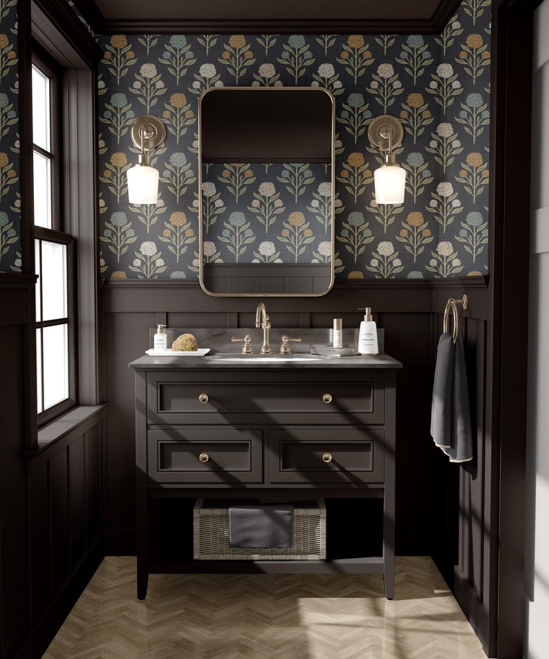 Heritage Revival Dark Floral Gothic Black Wallpaper shown in prepasted or peel and stick removable, diy, renter friendly for powder room, bathroom, entryway, hallway, office, or dramatic statement wall.